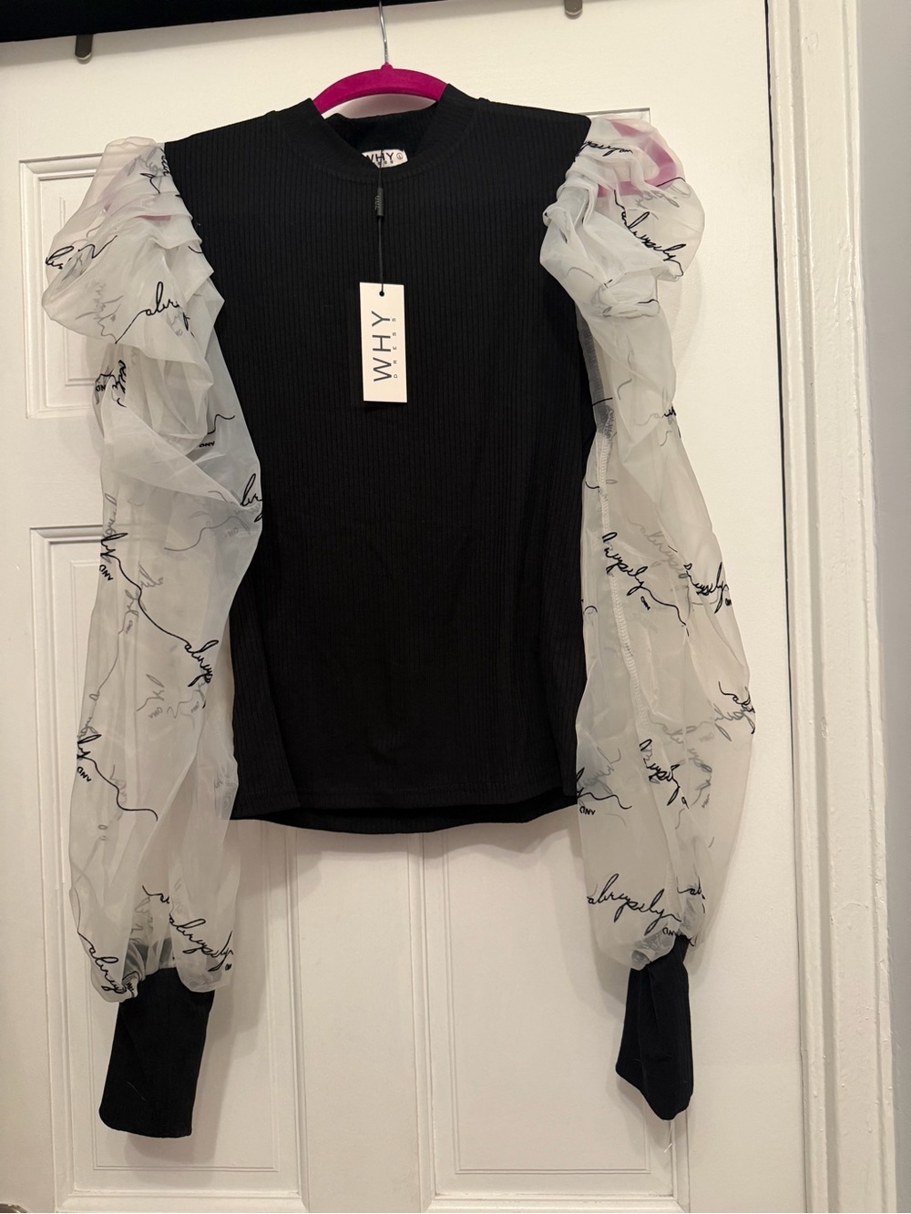 WHY Black Ribbed Top with Sheer Printed Puff Sleeves